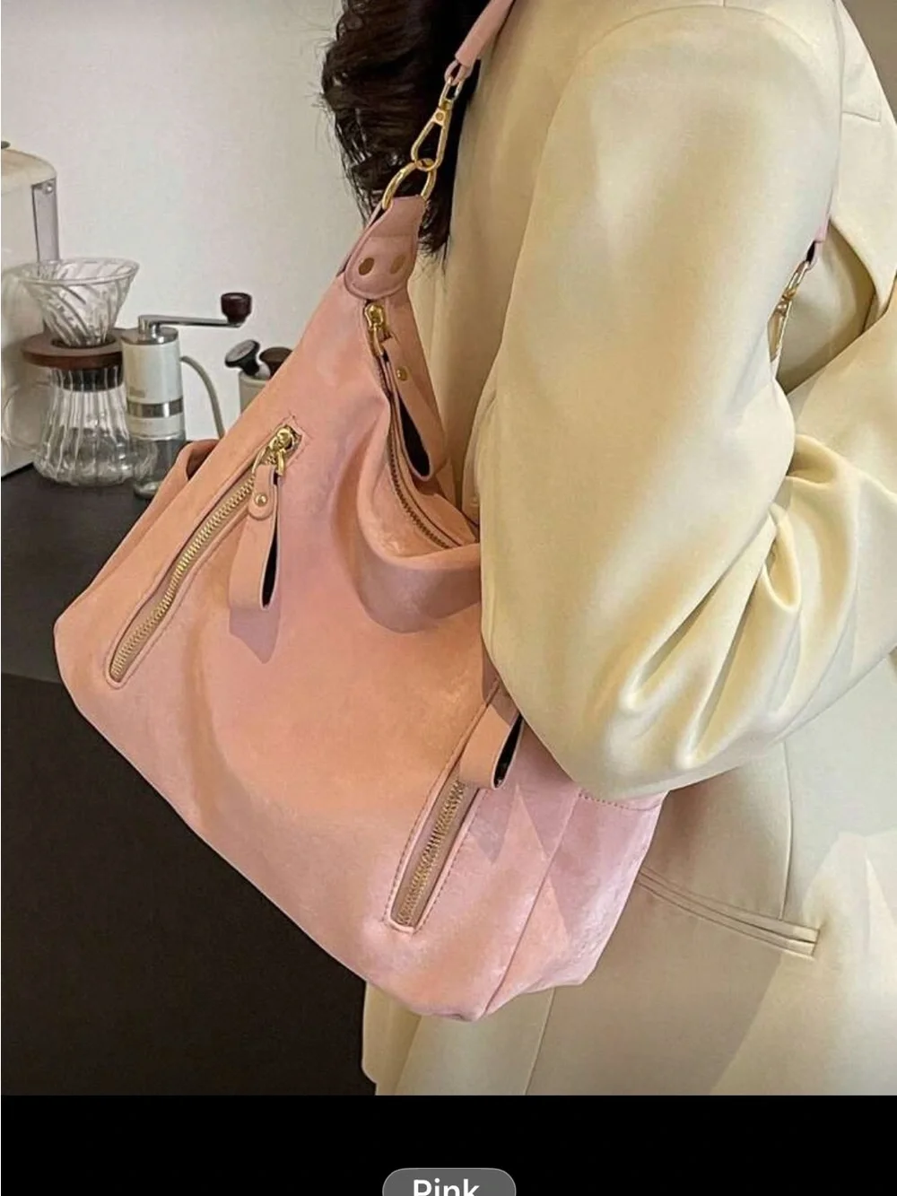 Soft Pink Hobo Shoulder Bag with Gold Accents